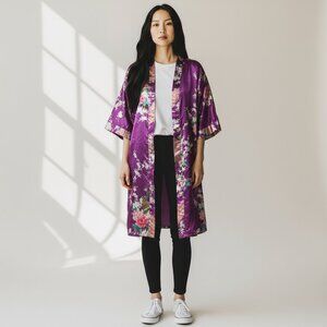 Oriental Village Silk Collection, Kimono Style Robe, Colorful, Size Large